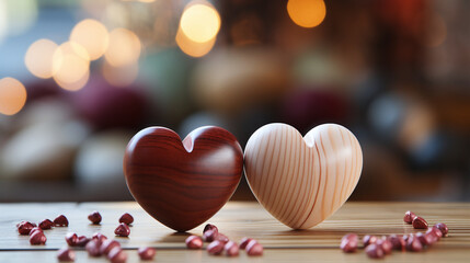 Zwei hölzerne Herzen auf einer Holzoberfläche strahlen im warmen Licht. Sie symbolisieren Liebe...