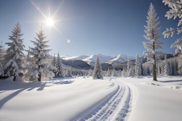 A snow covered road and mountains in the background with clouds in the sky and snow on the ground