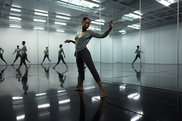 Fototapeta premium Expressive Dance: Black Woman's Contemporary Performance in Studio