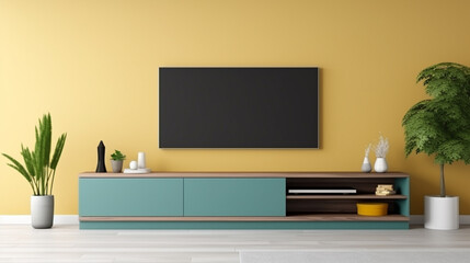 Two tone color wall background,Modern living room decor with a tv cabinet. Generative Ai