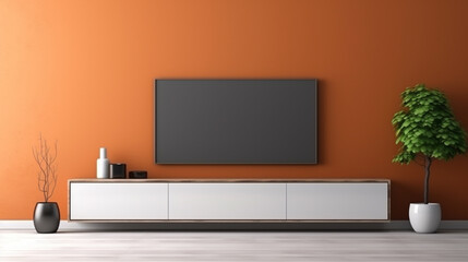Two tone color wall background,Modern living room decor with a tv cabinet. Generative Ai - obrazy, fototapety, plakaty