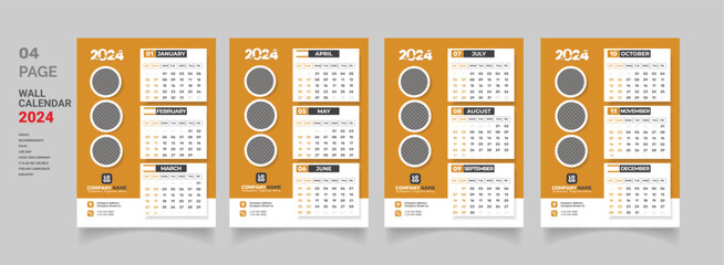 2024 Wall Calendar Template Design 2024 calendar single page, one page,  4 page - obrazy, fototapety, plakaty