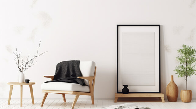 Stylish scandinavian composition of living room with design armchair. Generative Ai