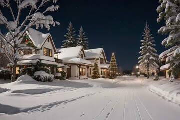 Christmas background. A snowy street with a lot of Christmas trees and lights on it at night time