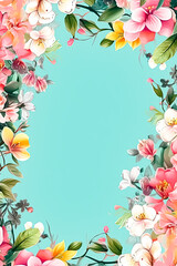 Fototapeta premium Flower arrangement with copy space. Vintage template greeting card base design. Floral banner, poster, light blue background.