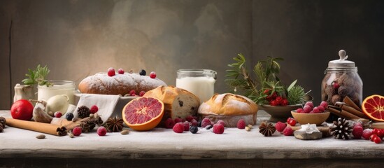 During the holiday season the background of a white marble table at a bakery shop in Spain sets the perfect scene for a Christmas breakfast celebration complete with delicious food aromatic - obrazy, fototapety, plakaty