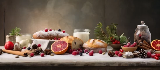 Foto op Canvas During the holiday season the background of a white marble table at a bakery shop in Spain sets the perfect scene for a Christmas breakfast celebration complete with delicious food aromatic © TheWaterMeloonProjec