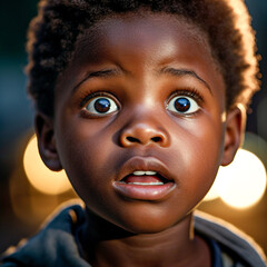 Close-up of an African child's wide-eyed wonder scared as they watch a film at the cinema