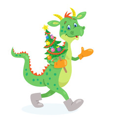 Funny little dragon in felt boots walks with a decorated Christmas tree in his hands. In cartoon style. Isolated on white background. Vector flat illustration. Chinese New Year symbol