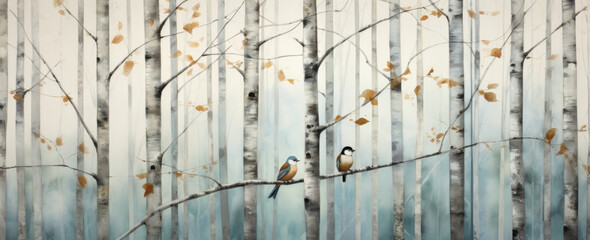 Two birds are sitting on a branch in birch woods.