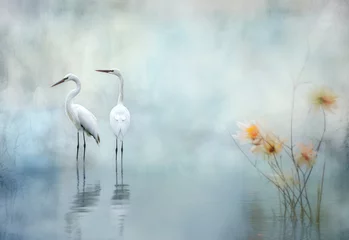 Foto op Plexiglas Two white heron standing in a small pond on a foggy day. © PixelGallery