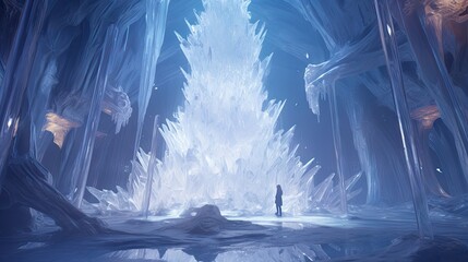  a man standing in the middle of a frozen forest with a giant ice throne in the middle of the forest.  generative ai - obrazy, fototapety, plakaty