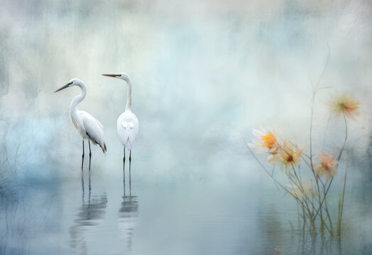 Two white heron standing in a small pond on a foggy day.