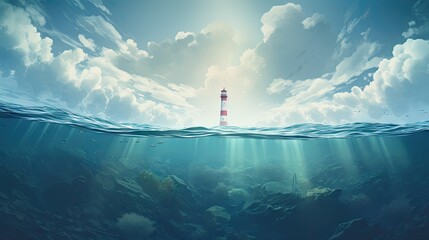  a painting of a lighthouse in the middle of a body of water under a blue sky with clouds above it.  generative ai - obrazy, fototapety, plakaty