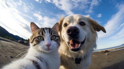 Cat and dog best friends taking a selfie shot. generative ai