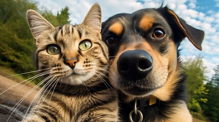 Cat and dog best friends taking a selfie shot. generative ai