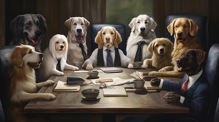 Dogs take over the corporate world - a hilarious depiction of a group of canines conducting a serious. generative ai