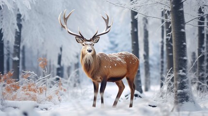 Naklejka na ściany i meble Noble deer male in the winter snow forest. Artistic winter Christmas landscape. generative ai