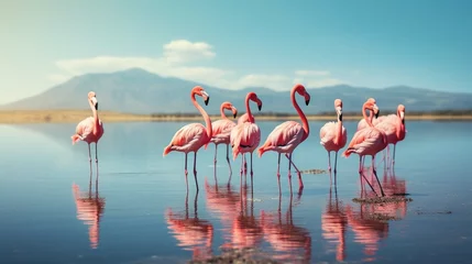 Fotobehang Wild African birds. Group birds of pink African flamingos walk around the blue lagoon on a sunny day. generative ai © Ahtesham