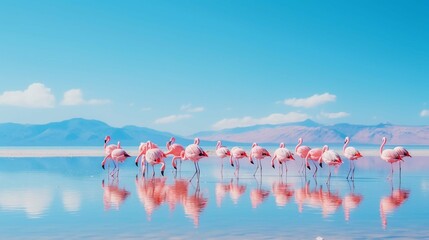 Wild African birds. Group birds of pink African flamingos walk around the blue lagoon on a sunny day. generative ai