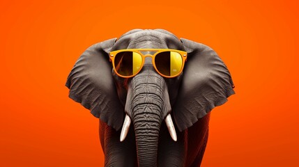 the wild gray elephant in trendy sunglasses against an orange background. generative ai