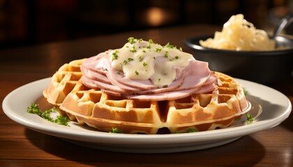 Savory and mouthwatering ham and cheese filled waffles, beautifully plated and ready to be enjoyed - obrazy, fototapety, plakaty