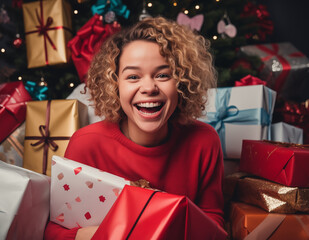 Fototapeta na wymiar Happy blond woman with curly hair surrounded by a large number of Christmas gifts