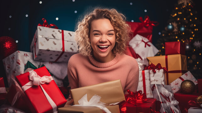 Happy blond woman with curly hair surrounded by a large number of Christmas gifts. Holiday sale concept