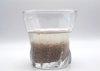 Chia water with lemon and mint, in a glass.