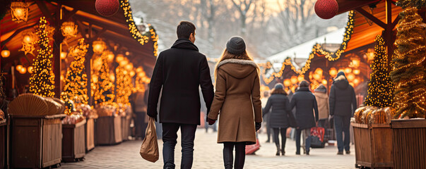 Naklejka premium A pair of woman and man in falling love in the Christmas market . generative ai