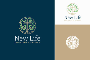 Nature Wild Vines Plant with Christian Cross Crucifix for Church Community Tree of Life emblem label logo design 