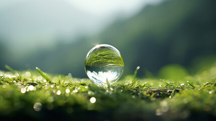Ein glänzender Wassertropfen reflektiert die grüne Landschaft und steht prächtig auf einem Bett von feuchtem Moos. Tautropfen glitzern wie Juwelen im Morgenlicht - magische Stimmung