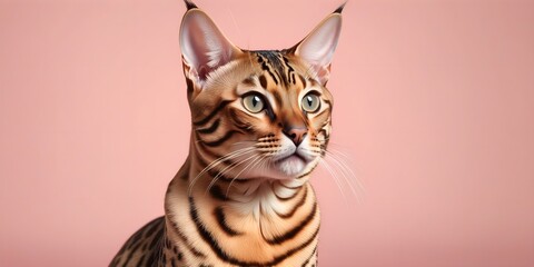 Bengal cat on a pastel background. Cat a solid uniform background, for your advertising and design with copy space. Creative animal concept. Looking towards camera.