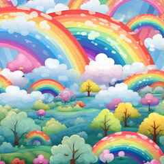 Colorful illustration of a magical fairytale meadow and a rainbow 