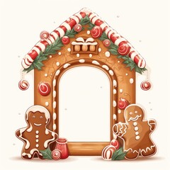 Christmas gingerbread house cookies square frame with gingerbread men, isolated