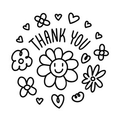 Thank you handwritten inscription with happy flower face. Vector black illustration isolated on white background.