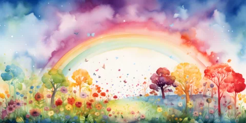 Poster Watercolor colorful illustration of a magical meadow with a rainbow  © TatjanaMeininger