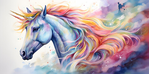 Obraz na płótnie Canvas Watercolor colorful illustration of a unicorn on white background 
