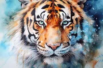 Tiger portrait. Watercolor style art design. Poster, print. Generative Ai