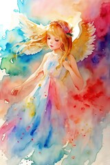 Pretty angel girl. Watercolor drawing.