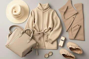 Women's clothing and accessories on a gray background. Top view