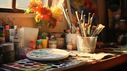 Naklejka na ściany i meble Artist's table with brushes and paints