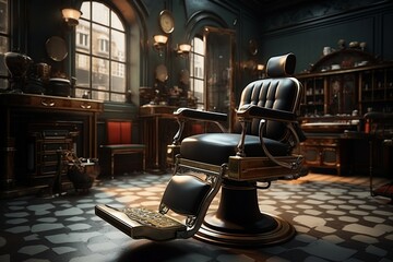Stylish salon chair in chic barbershop hairdresser  - obrazy, fototapety, plakaty
