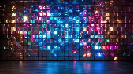 Blurred background of a brick wall with neon colorful lights. Defocused light. Bokeh in the background. Disco wall.
