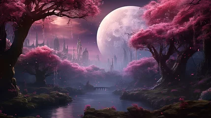 Fototapeten Fantastic landscape, pink neon moon, sakura branches,.space background with tree in Japanese style. © DZMITRY