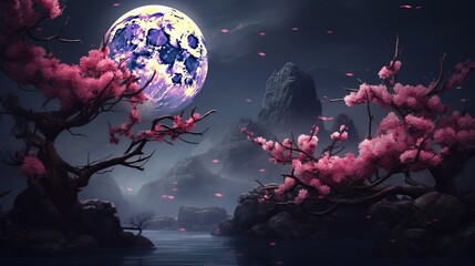 Fantastic landscape, pink neon moon, sakura branches,.space background with tree in Japanese style.