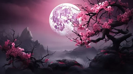 Zelfklevend Fotobehang Fantastic landscape, pink neon moon, sakura branches,.space background with tree in Japanese style. © DZMITRY