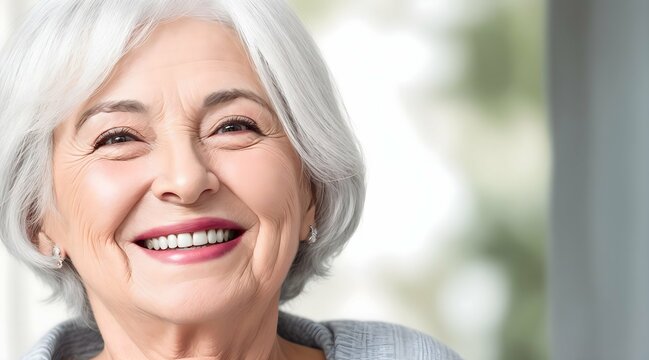 a beautiful grandmother in her mid-50s with gray hair laughed and smiled. Close up portrait of mature old woman. Long life and youthful, beautiful, healthy facial skin care