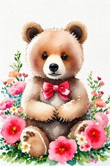 Cute little bear cub holding flower bouquet. Watercolor drawing.