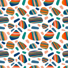 Pattern with decorative colored stones. Sea pebbles. Bright Abstract art design, inspired by ethnic style. Orange, Blue, Green, Red colors. Vector design for textile, fashion, packaging, wrapping